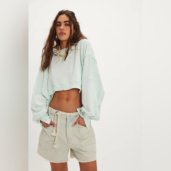NWT Free People We The Free Camden Cropped Sweatshirt - Mint Julep - Picture 3 of 9